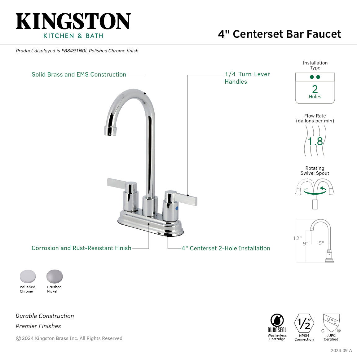Kingston Tulare FB8491NDL - NuvoFusion Two-Handle 2-Hole Deck Mount Bar Faucet, Polished Chrome — thumbnail 2